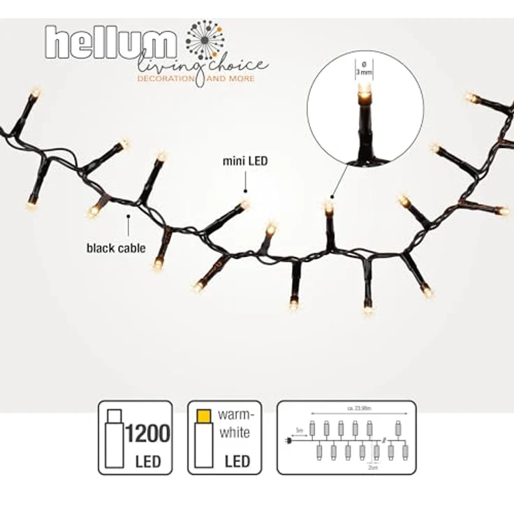 hellum Lichterkette außen 1200 LED warmweiß, LED Lichterkette snake, für Weihnachtsbaum Beleuchtung 23,98m beleuchtete Länge < 59 Lumen, Kabelfarbe schwarz, 151978 – Bild 5