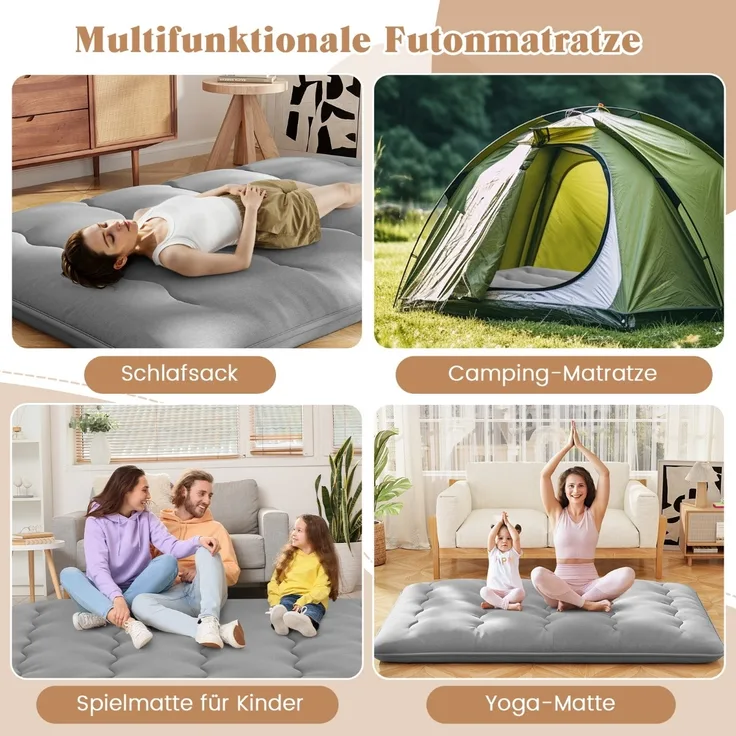 Japanische Futon Matratze mit Waschbarem Bezug &Tragetasche Tatami-Matte Grau 140 x 200 cm