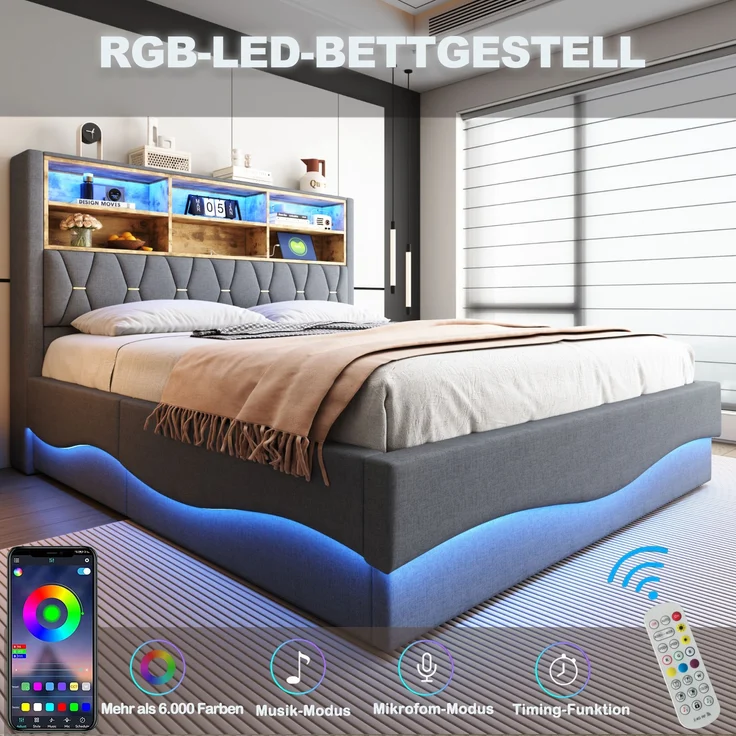 Polsterbett 180x200 cm mit Stauraum und LED-Beleuchtung – Leinenbezug & Metall-Lattenrost – Bild 6