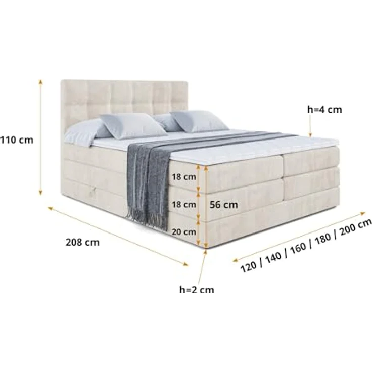ALTDECOR Boxspringbett MARCE KING (Multipocket-Matratze H4, H3 Matratze Bonellfederung, Topper, Kopfteil) – Bild 3