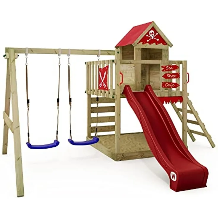 WICKEY Spielturm Klettergerüst Smart Cave mit Schaukel & roter Rutsche, Baumhaus mit Sandkasten, Kletterleiter & Spiel-Zubehör