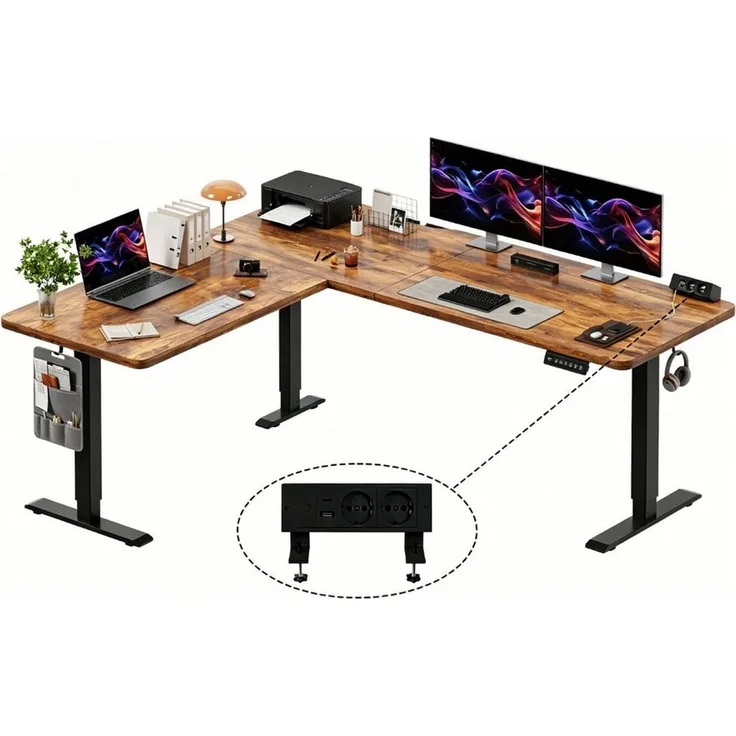 HOMALL Schreibtisch 20 mm starker EckSchreibtisch, L-förm höhenverstellbarer Schreibtisch (Maße: 160 × 140 / 190 × 155, 20 mm dicke Tischplatte, Tragkraft bis zu 100 kg, mit beweglicher Steckdose, in 3 Stufen höhenverstellbar)