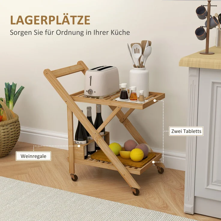 Küchenwagen auf Rädern, Servierwagen mit 3 Weinregalen, 2 Tabletts, für Küche, Esszimmer, Bambusholz, Hellbraun--Naturholz--70x40x66cm--YOUDENOVA – Bild 6