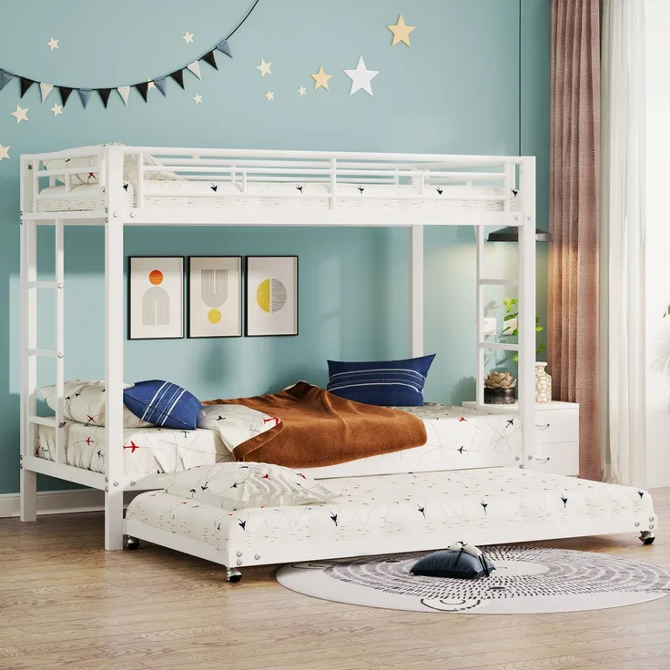 Etagenbett 90x200 cm mit ausziehbarem Rollbett, Metallrahmenbett mit hohem Sicherheitsgeländer, Kinderbett mit Doppelbettfunktion,Weiß