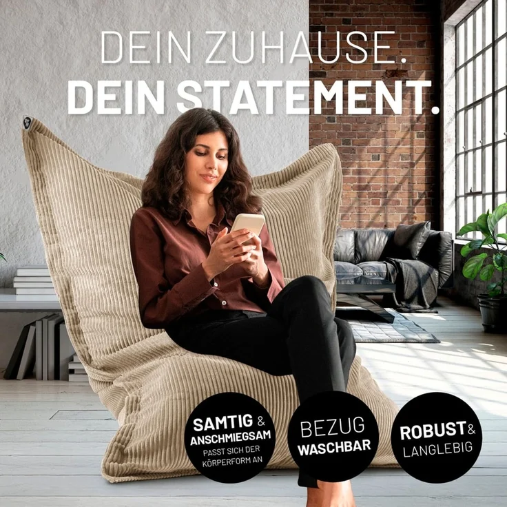Lumaland Sitzsack Classic XXL Cord | Riesen Sitzsack XXL mit Softer Rippenstruktur – ideal zu Cord Sofa & Sessel Indoor Bean Bag für Wohnzimmer, Schlafzimmer & Co. - 380 L, 140x180 cm – Bild 3