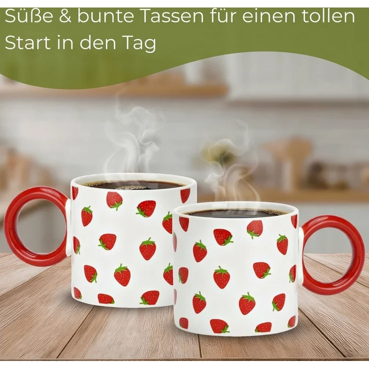 matches21 HOME & HOBBY Tasse Kaffeetassen Erdbeer Dekor, 4er Set Kaffeetasse Weiß Gelb, 4-tlg, Porzellan, Bunte Obst Frühstückstasse 330 ml – Bild 4