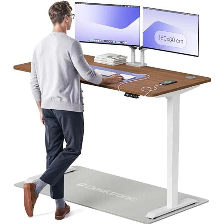 Höhenverstellbarer Schreibtisch - Höhenverstellbar Elektrisch mit Flüsterleisem Dual-Motor & Touchscreen - Hohe Tragfähigkeit - Stehtisch von Desktronic, Weiß + Nussbaum, 160x80 cm – Bild 2