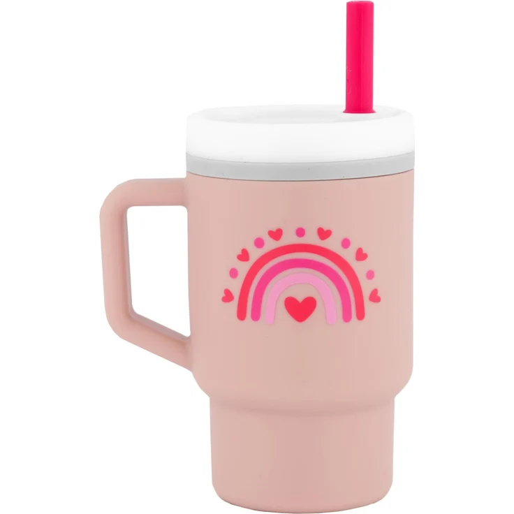 INFANTINO My 1st Tumbler, Silikon-Trinklernbecher mit Strohhalm & Griff, auslaufsicherer Babybecher für unterwegs, BPA-freie Übergangsflasche, Rosa mit Herzen
