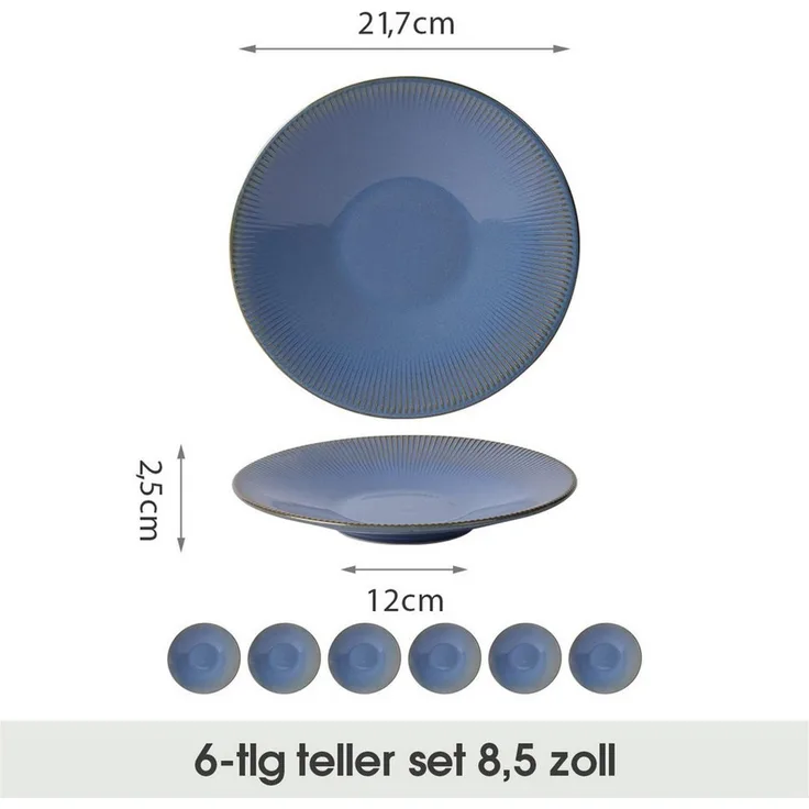 JIWOO Teller 6er Ø21,7cm, Pastateller Frühstücksteller Salatteller Dessertteller, (6 St), Keramik Hochwertiges Tellerset Blau Mikrowellen spülmaschinenfest