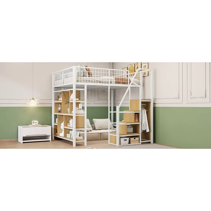 Multifunktionales Hochbett 140x200 cm aus Metall mit Stauraum und Treppe – weiß – Bild 5