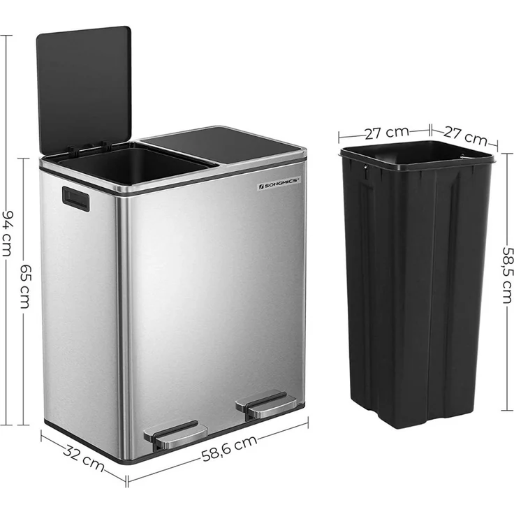 Songmics Mülleimer mit 2 Fächern und Softclose, luftdicht inkl. Müllbeutel, Metall, 60 (2x30) Liter, Silber – Bild 7