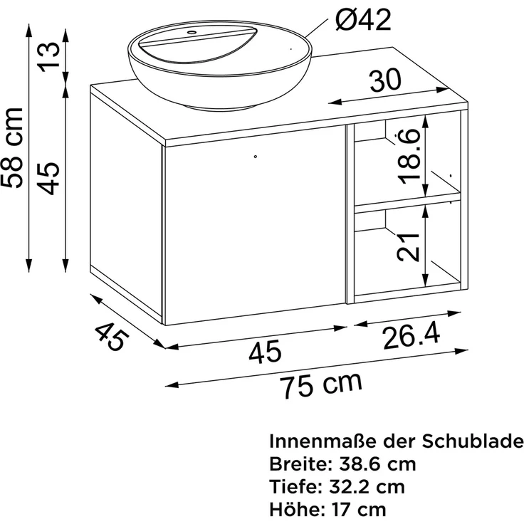 Roomart LOTUS-I-75 Badmöbel Set– 2-teiliges Badezimmermöbel Set - Waschbecken mit Unterschrank - H 45 x B 45 x T 75 cm • Anthrazit-Eiche – Bild 5