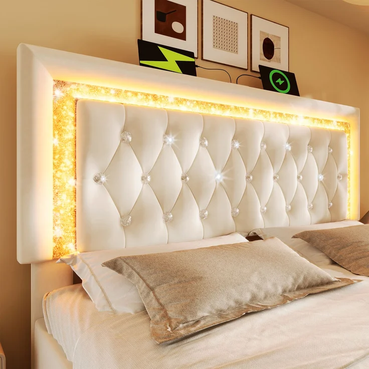 Polsterbett Doppelbett Samt mit LED-Diamantstreifen, USB & Type-C Ladestation, hydraulischem Stauraum Beige H 104 cm x T 209 cm x B 187 cm – Bild 6