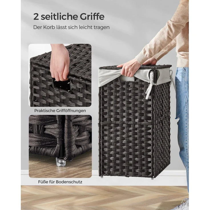 Songmics Wäschekorb handgeflochten, Rattan Schwarz, 90L 46 x 33 x 60 cm – Bild 2