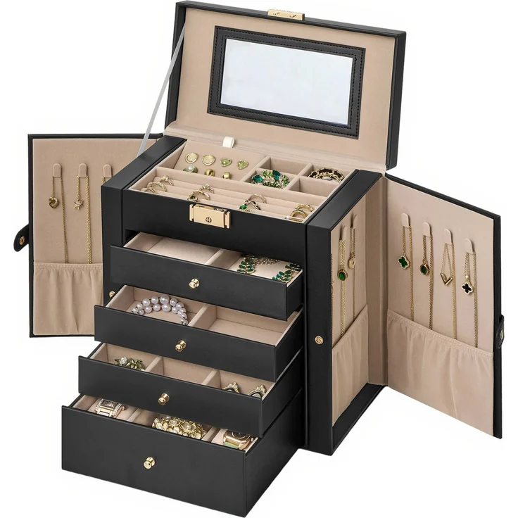 SONGMICS Schmuckbox mit 5 Ebenen, Schmuckkasten, mit Innenspiegel, abschließbar, schwarz – Bild 4