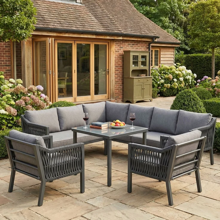 Merax Gartenmöbel-Set für 8 Personen, Gartenlounge-Set, bestehend aus einem Esstisch, zwei Sesseln und einem Ecksofa, Grau – Bild 3