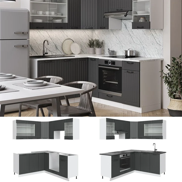 Eckküche Fame-Line Anthrazit Landhaus/Weiß 190 x 60 cm , AP Marmor Vicco – Bild 3