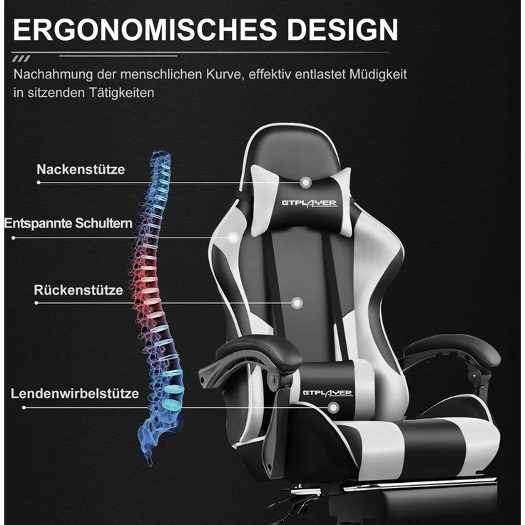 GTPLAYER Gaming-Stuhl Bürostuhl mit Massagefunktion, Fußstütze, Kopfstütze (Packung), Ergonomischer Gamer Stuhl Maximale Belastung 150 kg, 360° drehbar – Bild 2