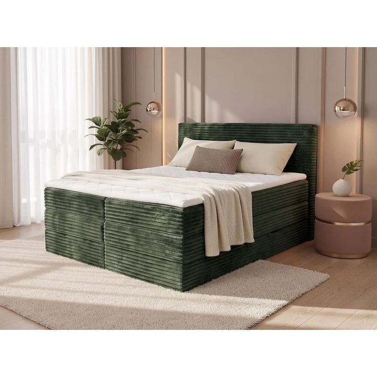 Boxspringbett Mollo XL mit 2 Bettkästen und Topper, mit Taschenfederkern- und Bonellfederkernmatratze, Doppelbett, Polsterbett aus Cordstoff mit Stauraum (Grün (Tilia 39), 180 x 200 cm) – Bild 2