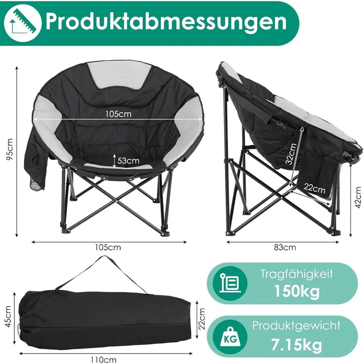 TLGREEN Campingstuhl Moonchair XXL Klappbarer Campingstuhl (150KG Belastbar, Atmungsaktives Netzgewebe, Mit Seitentasche & Tragetasche), Rutschfest, Outdoor Klappstuhl für Garten, Balkon, Angeln, Strand – Bild 3