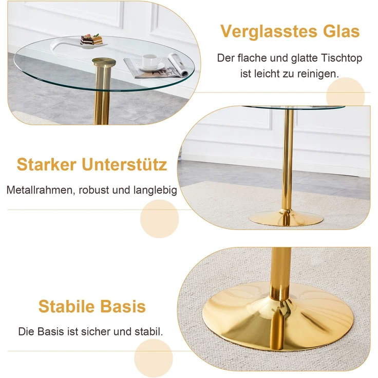 Bartisch-Set mit 2 Barhockern, Tisch Ø 89x92 cm – Glasplatte und goldfarbenes Metallgestell – Bild 8
