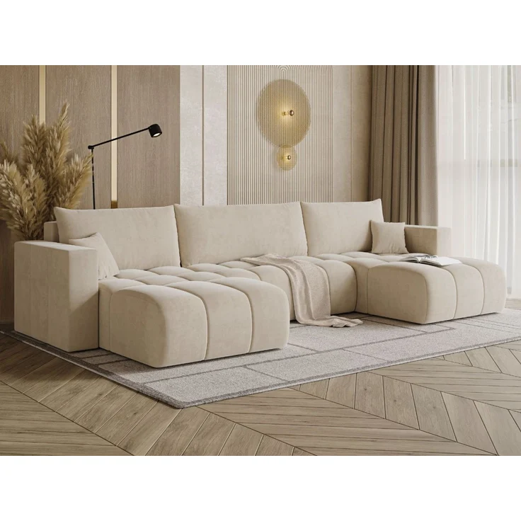 GRAINGOLD Ecksofa U-Form Neva U, Ecksofa mit Schlaffunktion, Bettkasten, mit losen Kissen, Velour-Stoff, Beige – Bild 3
