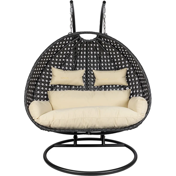 HOME DELUXE Polyrattan Hängesessel mit Regenabdeckung TWIN DELUXE - Schwarz/Creme für 2 Personen – Bild 4