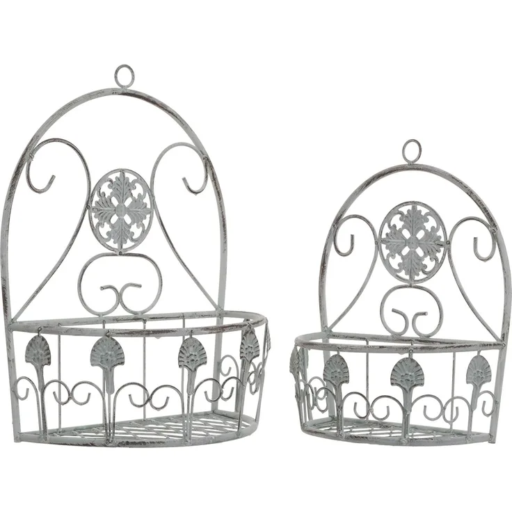 2er Set Wand-Pflanzkörbe Metall hellgrau im Vintage-Stil zum Aufhängen - Hängekörbe Wanddeko für Innen & Außen - Blumentopfhalter aus Metall - Shabby Chic Dekoration