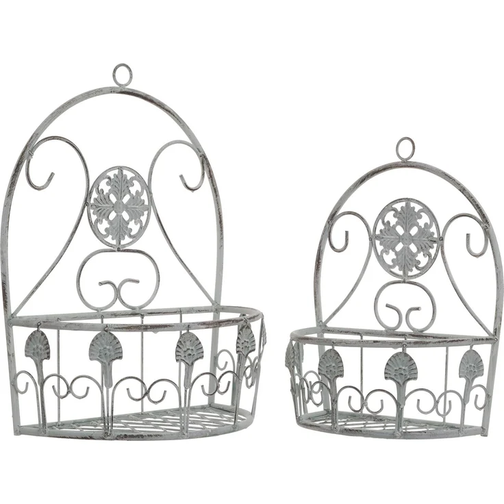 2er Set Wand-Pflanzkörbe Metall hellgrau im Vintage-Stil zum Aufhängen - Hängekörbe Wanddeko für Innen & Außen - Blumentopfhalter aus Metall - Shabby Chic Dekoration – Bild 1