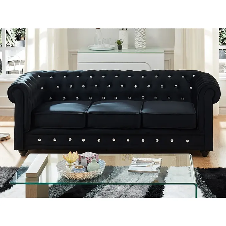 3-Sitzer-Sofa CHESTERFIELD - Samt - Schwarz mit Knöpfen in Kristalloptik