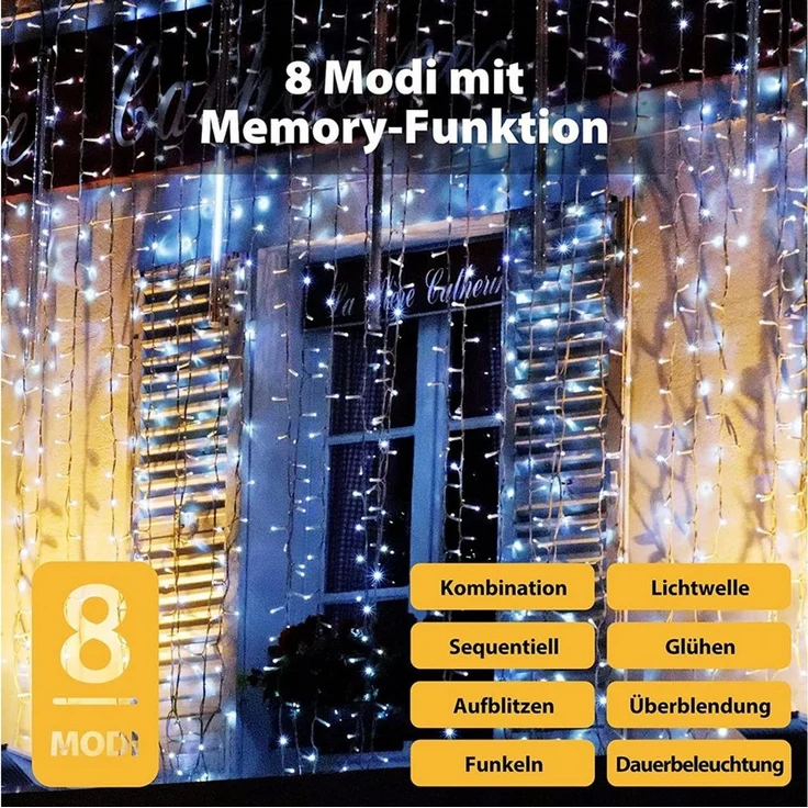 Salcar LED-Lichterkette LED Lichtvorhang Weihnachten Lichterkette 8 Beleuchtungsmodi, Timer und Memory-Funktion, Spritzwassergeschützt, 3 x 3m Kaltweiß – Bild 3