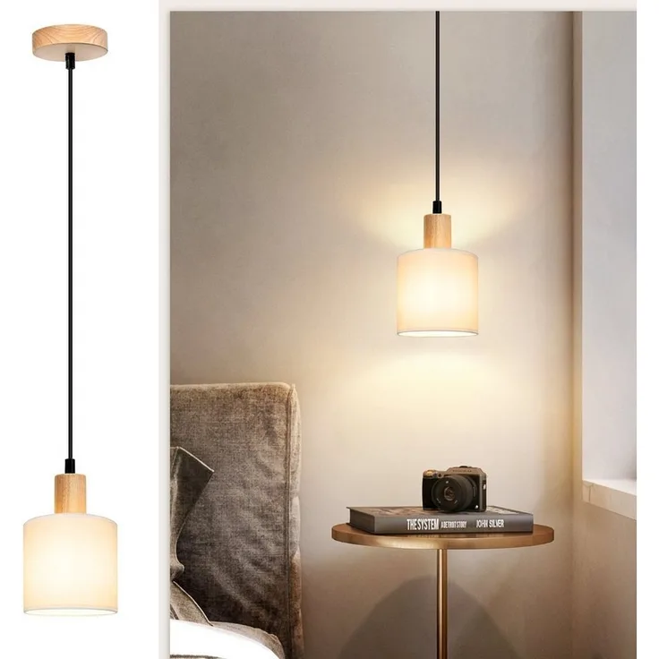 Nettlife Pendelleuchte Holz Esstisch 1/3 Flammig E14 Vintage Weiß Rustikal Küche Stoff, Höhenverstellbar, LED wechselbar, Hängeleuchte für Esszimmer Wohnzimmer Restaurant Schlafzimmer Flur