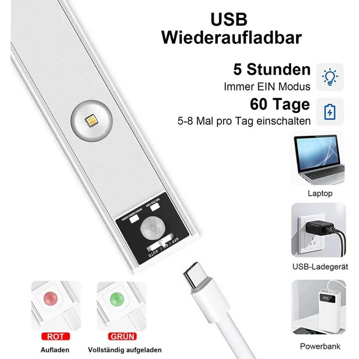 Jibenhome LED Unterbauleuchte Schrankbeleuchtung mit Bewegungsmelder, Dimmbar 3 Farb Schranklicht, USB Aufladbar Schrankleuchten,Lichtleiste mit Sensor Nachtlicht Treppe – Bild 3