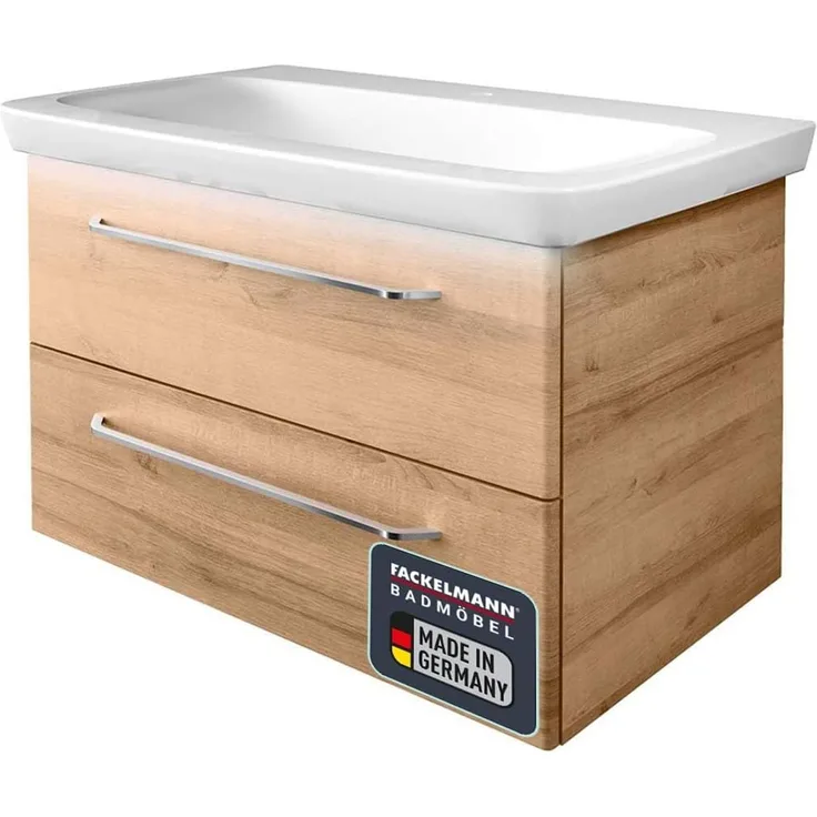 FACKELMANN MILANO Waschbecken mit Unterschrank 88 cm breit, Braun hell, Waschbecken Keramik Weiß + Waschbeckenbeleuchtung