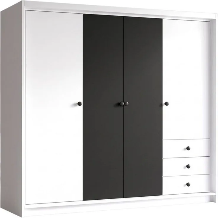 A&J MöbelLand GmbH Drehtürenschrank FALKEN– viertüriger Kleiderschrank 200 cm (Geräumiger viertüriger Kleiderschrank mit Schubladen. Geräumiger Schrank mit einer Breite von 200 cm und Schubladen, ideal zur Aufbewahrung von Kleidung und Accessoires. Vie...