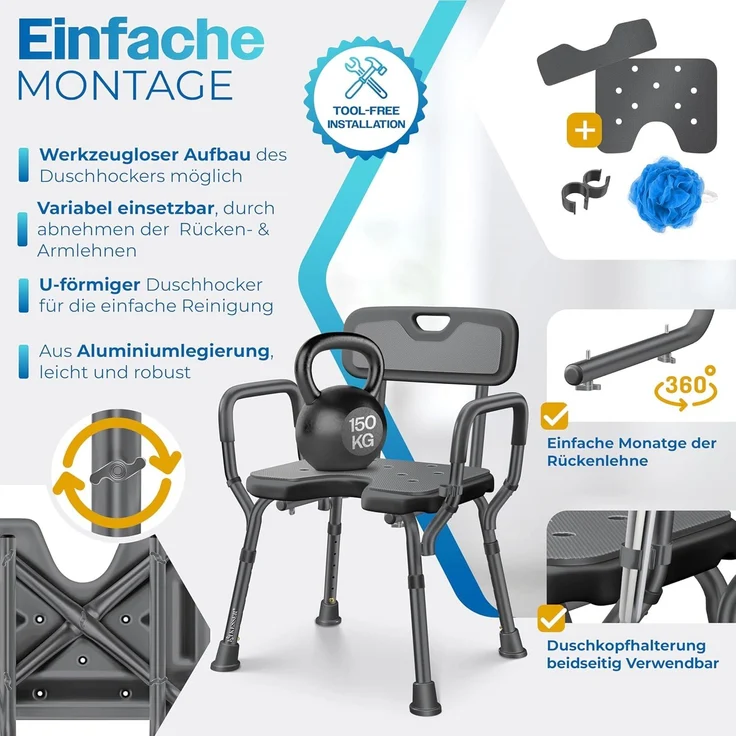 KESSER® Duschhocker mit Lehne höhenverstellbar in 6 Stufen 38-54cm | Badhocker 150KG belastbar Duschstuhl Anti-Rutsch Füße & Matten | Duschhilfe Senioren & Schwangere Duschsitz mit Brausehalterung Anthrazit – Bild 5
