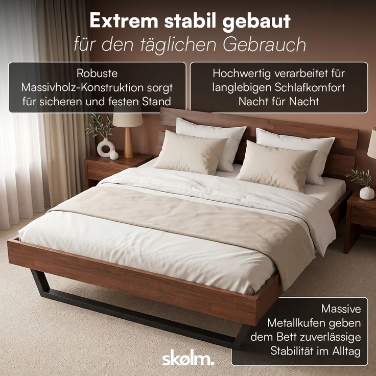 skølm 'Alver' Bett 180x200 cm, Bettgestell, natur geölt, Massivholzbett aus Eiche mit Metallkufen, Walnuss Optik, Bettkopf 2 Streben – Bild 4