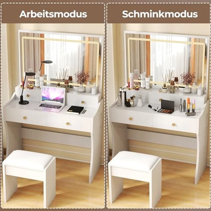 COMHOMA Schminktisch mit Spiegel und LED, 5 Schubladen, 80 x 40 x 135 cm mit Hocker, Steckdosen+verstellbaren LED-Beleuchtung – Bild 8
