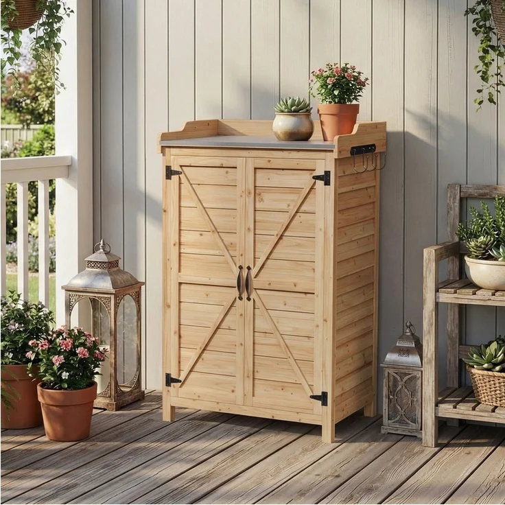 AOXUN Garten-Geräteschrank mit verstellbaren Fächern & Seitenhaken, BxT: 64x40 cm, (1 St), Gartenschrank Holz mit Pflanztisch, Doppeltür, 64x40x95 cm – Bild 4