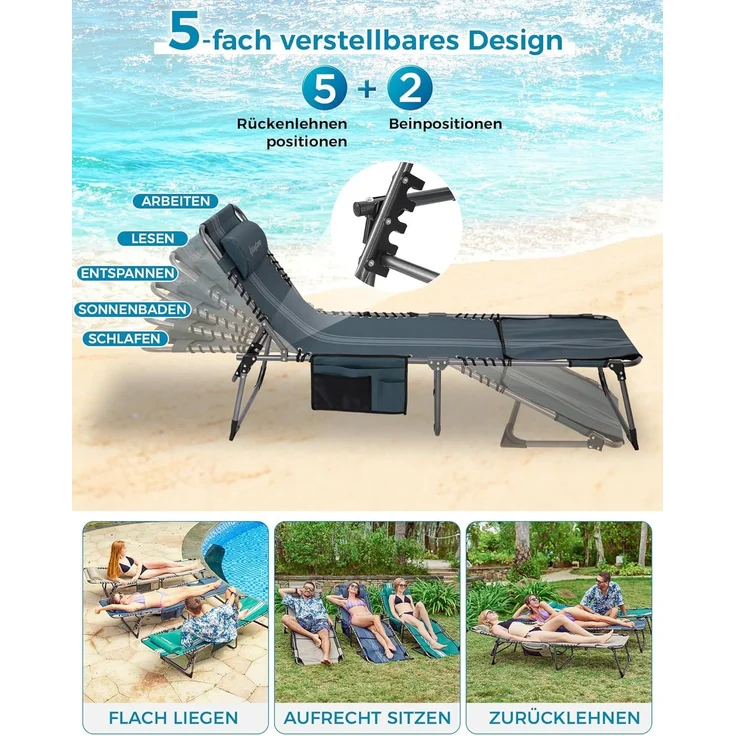 KingCamp 2er Set Sonnenliege Klappbarer mit Lesefenster, Liegestuhl Klappbar 5-Position-Verstellbare Rückenlehne Leicht mit Kopfstütze Strandliege klappbare für Strand Garten Terrasse Camping – Bild 4