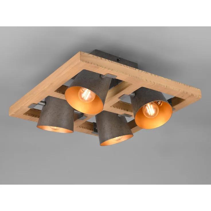 Deckenlampe, 4 flammig, Metall, Holz, natur, L 39 cm