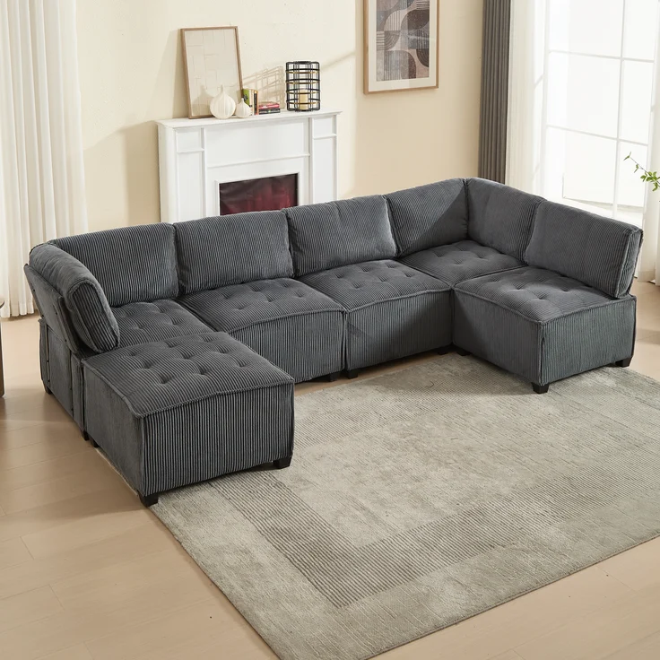 LVHOM Modulares Sofa U Form 308 x 82 x 154 cm, 6-Sitzer mit Schlaffunktion, Modular Cord Ecksofa, umwandelbares Schaumstoffsofa, Sofagarnitur, Schwarz – Bild 9