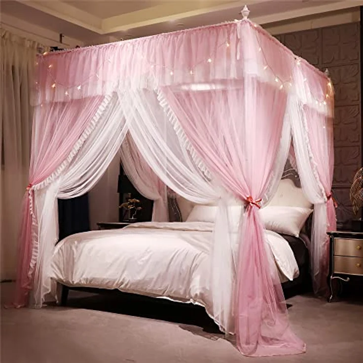 VETHIN 4 Ecken Pfosten Rüschen Prinzessin Bett Baldachin Vorhang, 4 Öffnungen Moskitonetz für Mädchen Erwachsene Schlafzimmer Dekoration (Rosa/Weiß, 162.6 cm Bx208.3 cm Lx208.3 cm H) Queen – Bild 3
