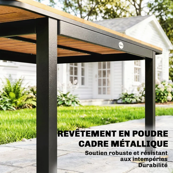 Rechteckiger Gartentisch für 6 Personen aus Verbundholz mit Metallgestell und Lattenplatte, 127 x 70 cm, braun – Bild 8