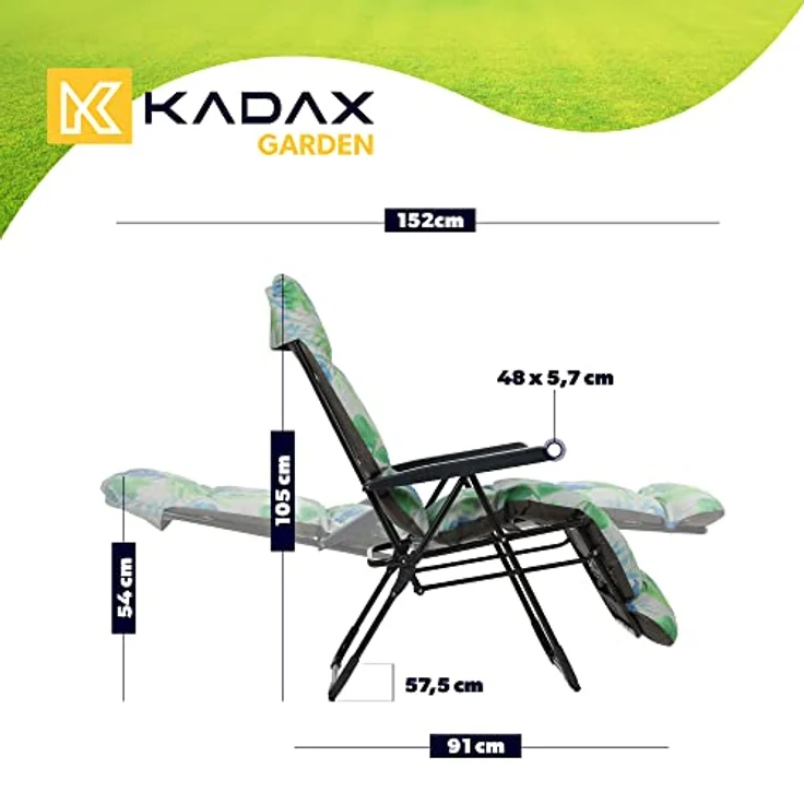 Kadax Gartenliegestuhl, Einstellbare Lehne, Grau-Grün, Metall, 58x152 cm, Gartenmöbel – Bild 2