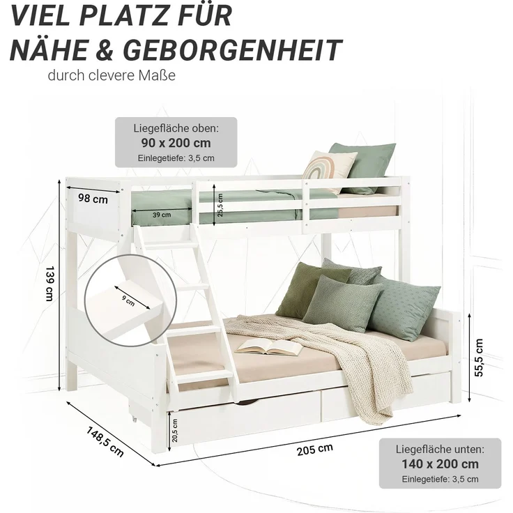 Kinderbett mit 2 Bettkästen Etagenbett 90x200 und 140x200 Weiß Holz Doppelstockbett Jugendbett Hochbett Stockbett – Bild 3