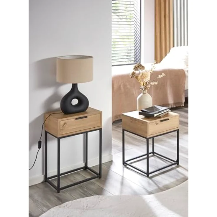 XXXL Nachtschrank Schwarz, Eiche und Metall, 1 Schublade, 40x50x40 cm, Schlafzimmermöbel – Bild 2