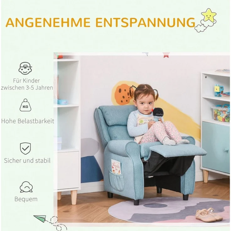 HOMCOM Sessel Kindersofa mit Fußstütze (Kindercouch, 1-St, Kindersessel), Blau 58 x 53 x 70 cm – Bild 3