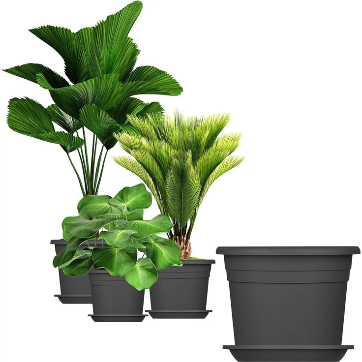 BigDean 3X Blumentopf Ø 20 cm Farbe Anthrazit & Untersetzer Kunststoff Pflanztopf Containertopf Übertopf Pflanzkübel rund 20 x 14,5 cm Blumentöpfe – Bild 1