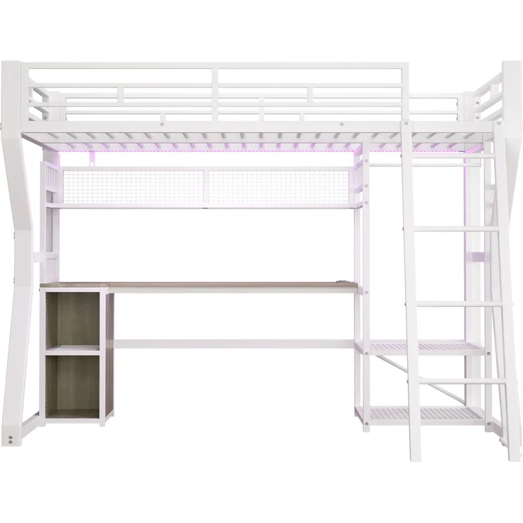 Merax Hochbett, Kinderbett 90 x 200 cm, mit Lichtleiste, Steckdose, Kleideraufhängebereich, Schreibtisch, Staufächer, Ablageböden, ohne Matratze, Weiß – Bild 9